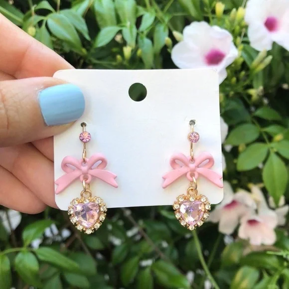 Pink +Gold Bow Crystal Halo Heart Drop Earrings